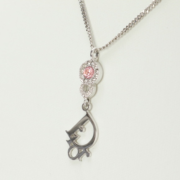 Christian Dior Logo Motif Pink Rhinestone Necklace Silver Accessories - Picture 2 of 5